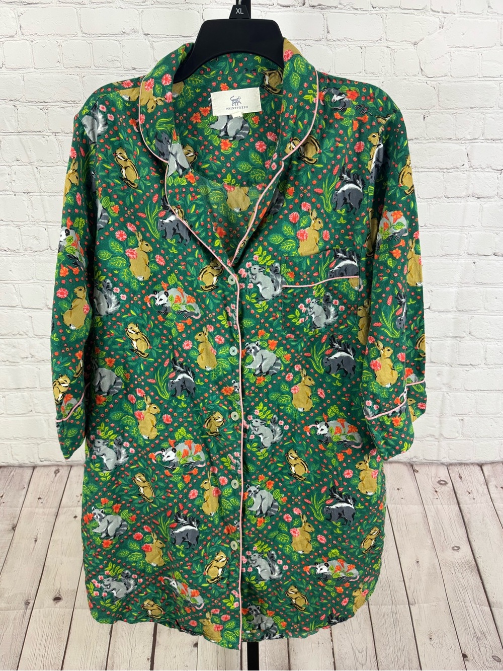 Printfresh Woodland Critters Organic Cotton Sleep Shirt Nightgown Green Sz Small